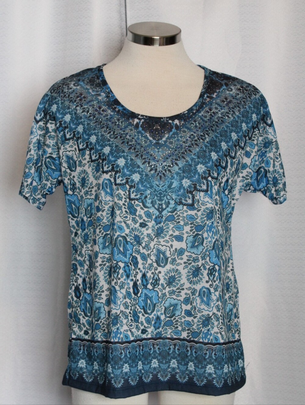 Christopher & Banks Blue White Paisley Embellished Blouse Petite S NWT